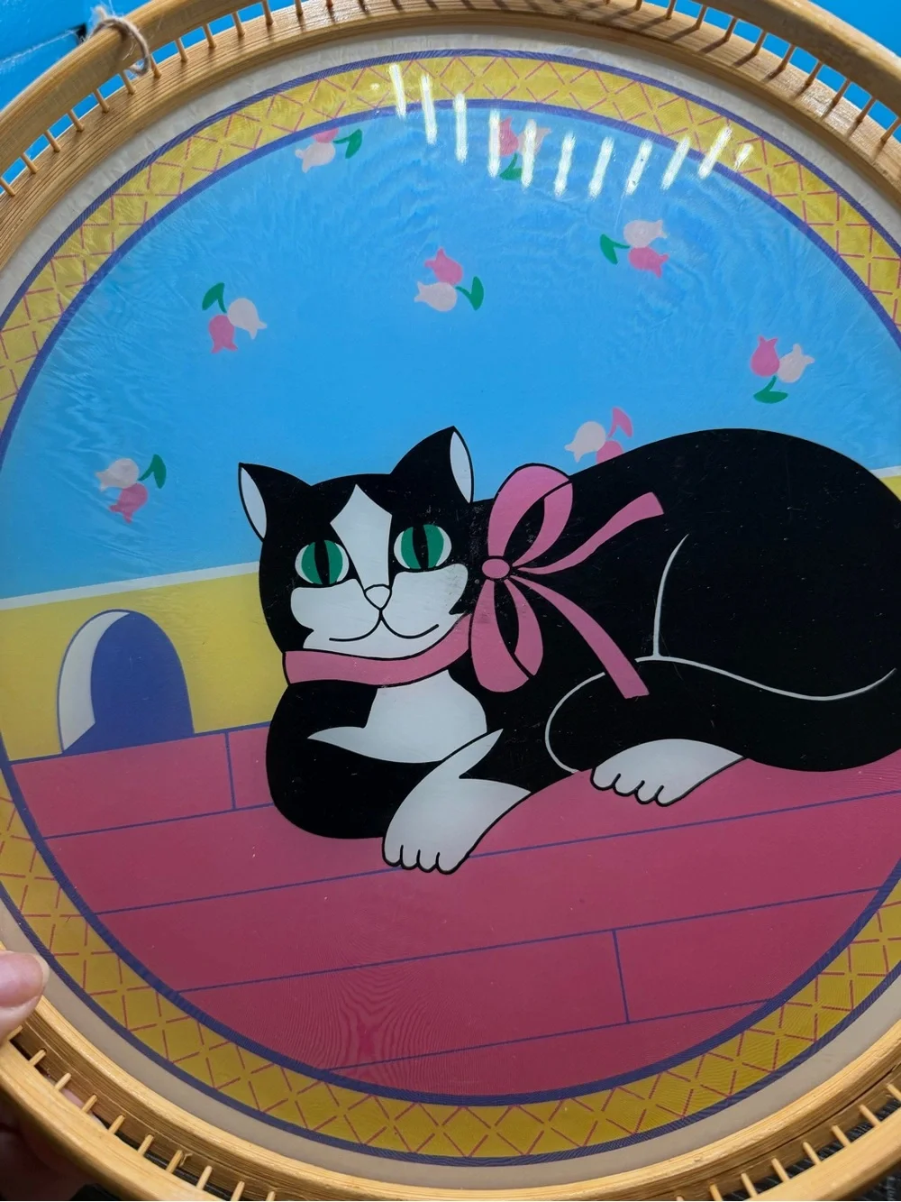 Serving Tray Vintage 1970s bamboo & 6 coasters  w/tuxedo Cat